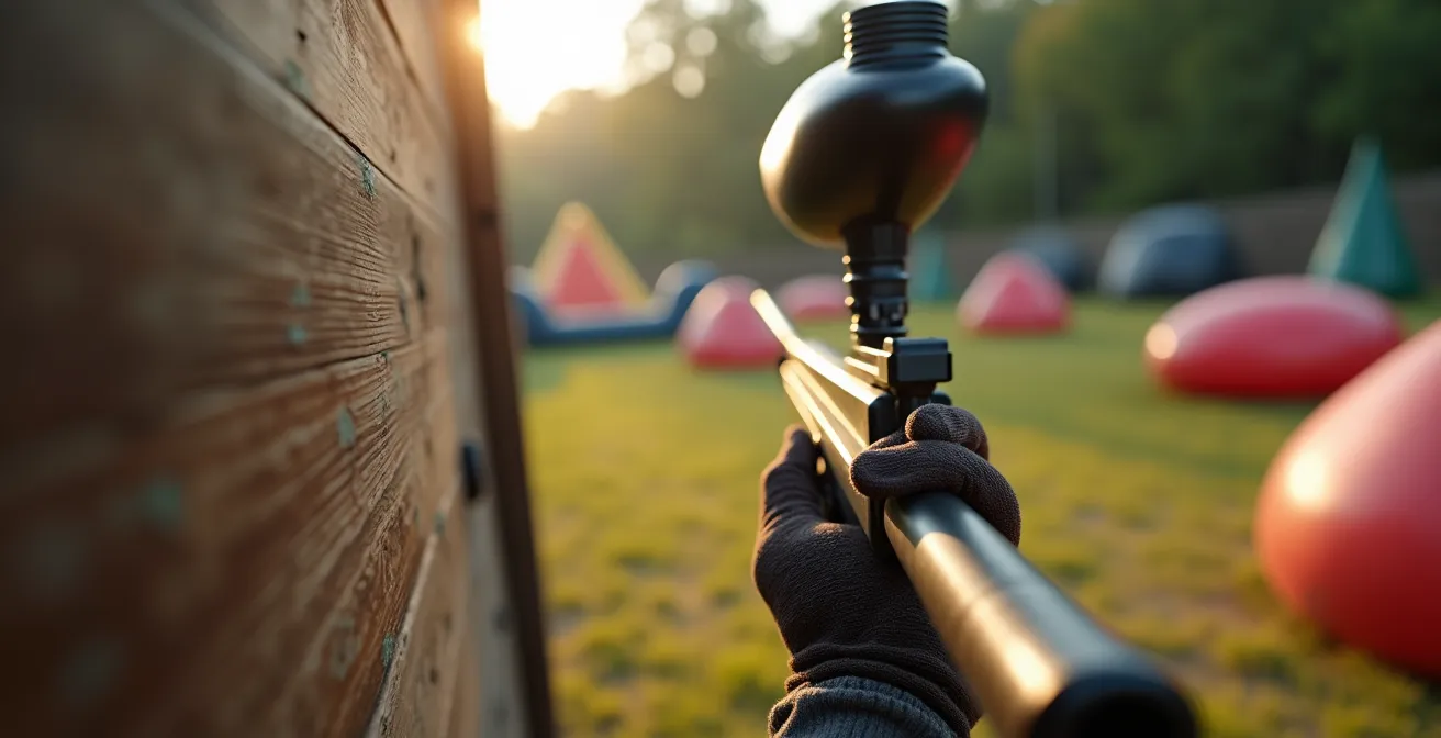 Vue subjective depuis une position de couverture, montrant un terrain de paintball avec des obstacles et des zones de mouvement possibles