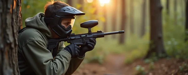Jeune joueur en tenue de paintball observant attentivement le terrain depuis une position couverte, posture basse, concentré sur l'action