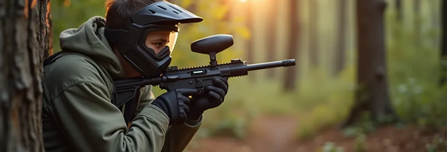 Jeune joueur en tenue de paintball observant attentivement le terrain depuis une position couverte, posture basse, concentré sur l'action
