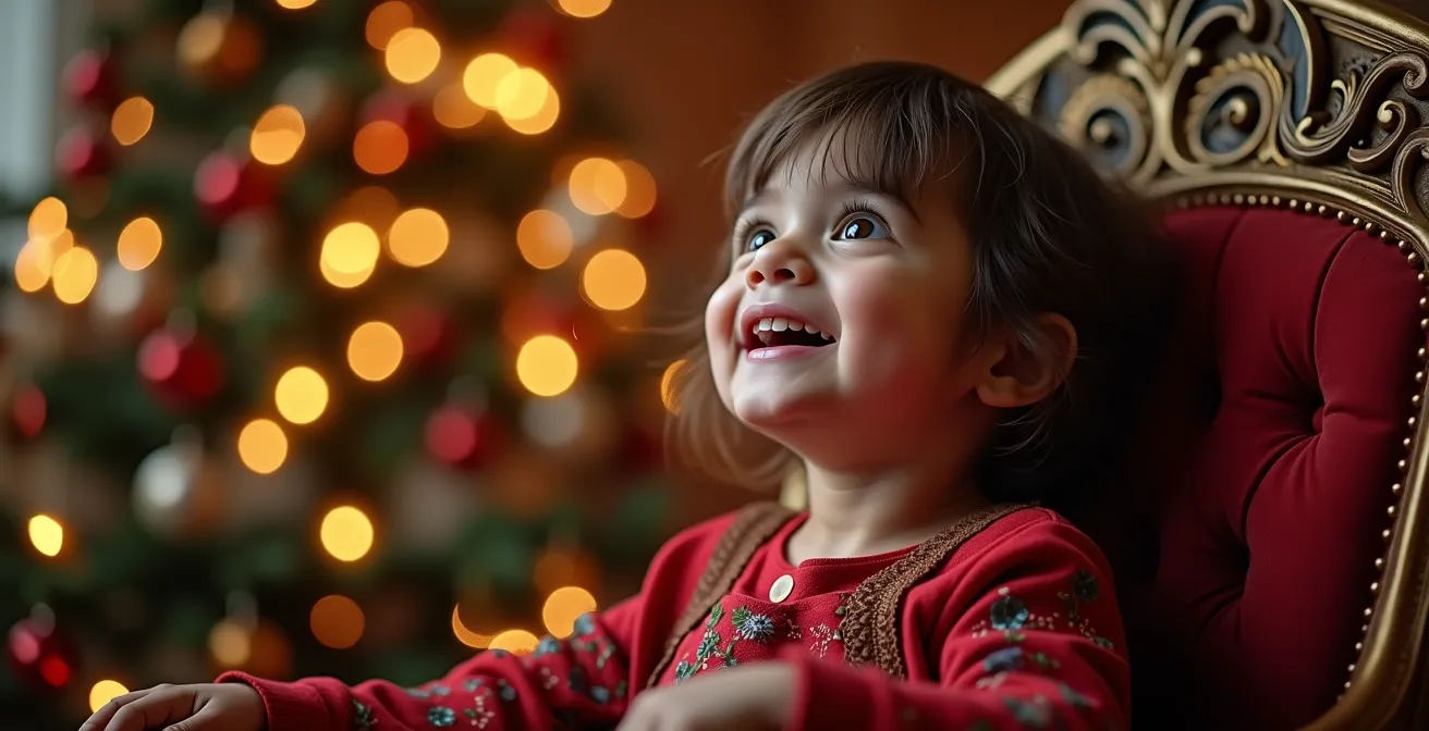 Enfant assis sur un trône royal avec une expression de joie et d'émerveillement sur le visage, éclairage chaud et doux mettant en valeur les détails du costume festif