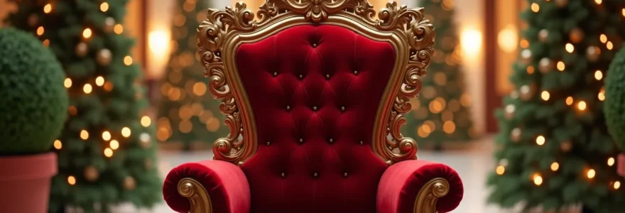 Trône royal de Père Noël en velours rouge et or, élégamment dressé dans une ambiance féerique de Noël avec lumières chaudes et décoration festive
