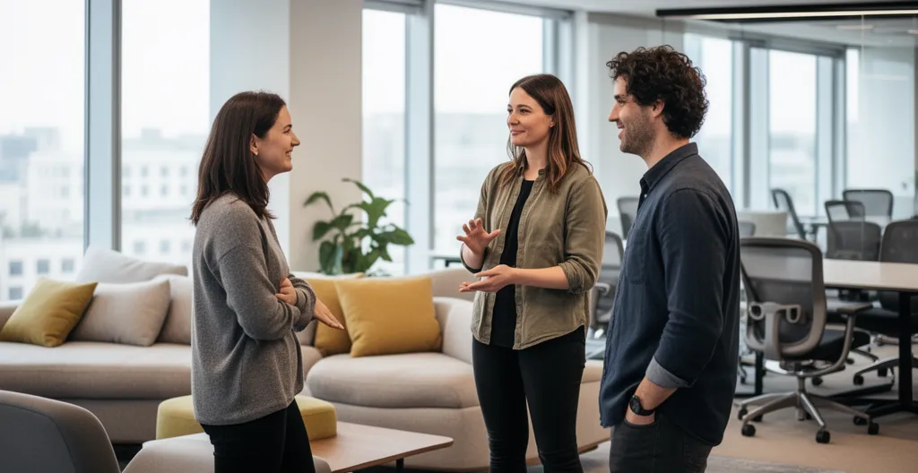 Collègues en discussion détendue pendant une pause dans un espace lounge