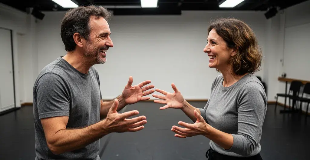 Deux participants en interaction animée lors d'un exercice d'improvisation théâtrale