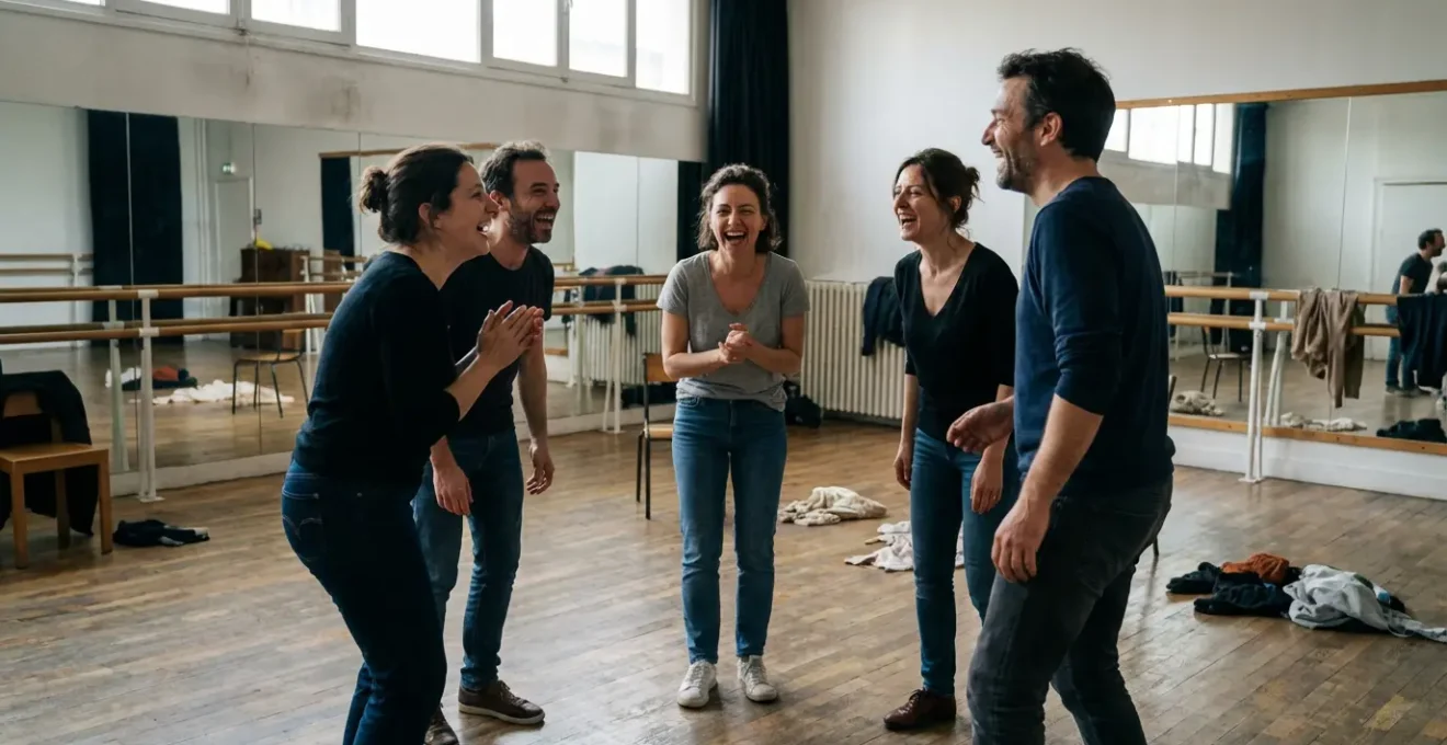 Groupe d'adultes en exercice d'improvisation théâtrale dans un studio parisien