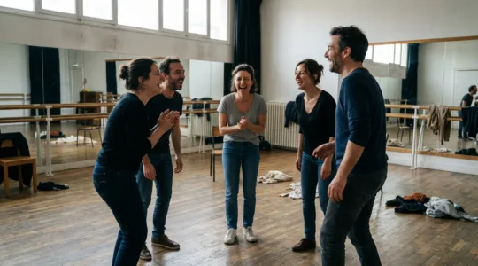 Groupe d'adultes en exercice d'improvisation théâtrale dans un studio parisien