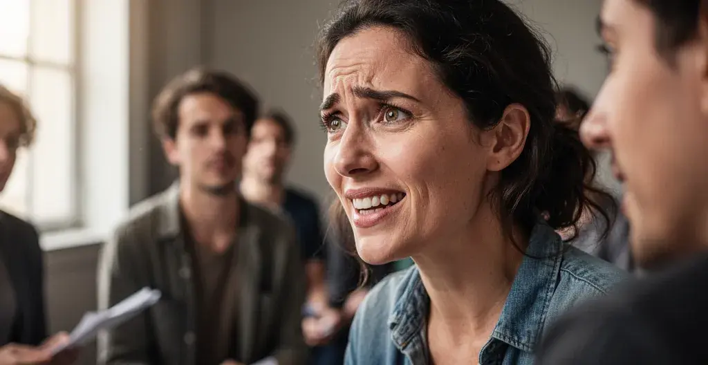 Participante concentrée écoutant les consignes dans un atelier d'improvisation