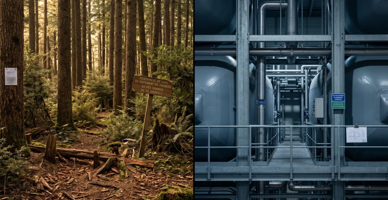 Composition symétrique divisée verticalement montrant à gauche une forêt naturelle avec obstacles en bois, à droite une structure industrielle avec modules géométriques colorés