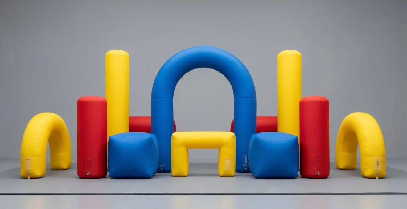 Composition symétrique d'obstacles gonflables géométriques colorés (cylindres, cubes, arches) dans un espace intérieur éclairé uniformément
