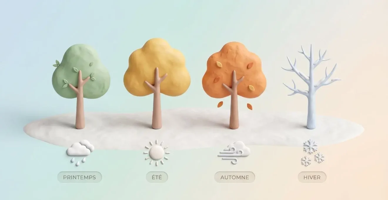 Illustration 3D montrant quatre arbres stylisés représentant les quatre saisons avec des pictogrammes météo sous chacun