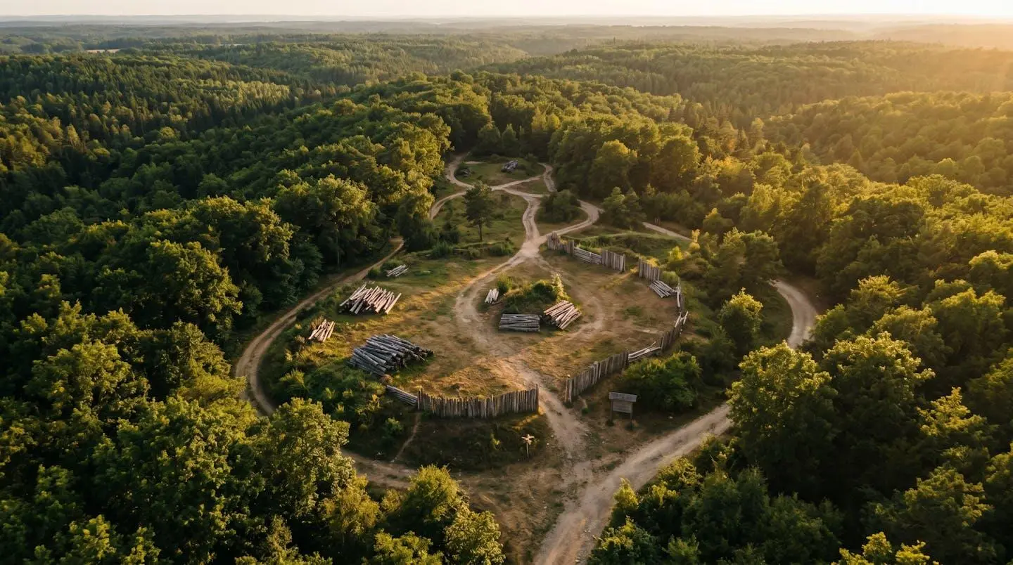 Vue aérienne d'un terrain de jeu boisé avec clairière centrale, obstacles naturels en bois et chemins sinueux sous lumière dorée