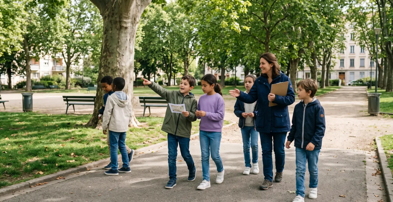 Groupe d'enfants participant à une activité de groupe encadrée dans un parc urbain à Lyon lors d'un anniversaire.
