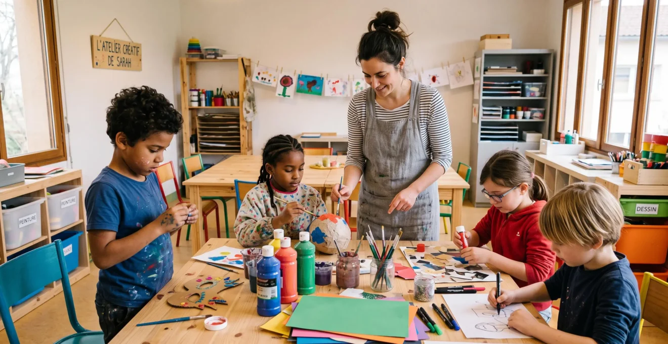 Groupe d'enfants participant à un atelier créatif lors d'un anniversaire, accompagnés d'une animatrice dans une salle d'activités.