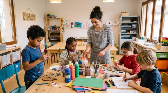 Groupe d'enfants participant à un atelier créatif lors d'un anniversaire, accompagnés d'une animatrice dans une salle d'activités.
