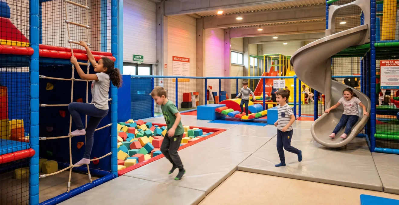 Enfants jouant sur des structures de jeu dans un parc de loisirs indoor lors d'une fête d'anniversaire.