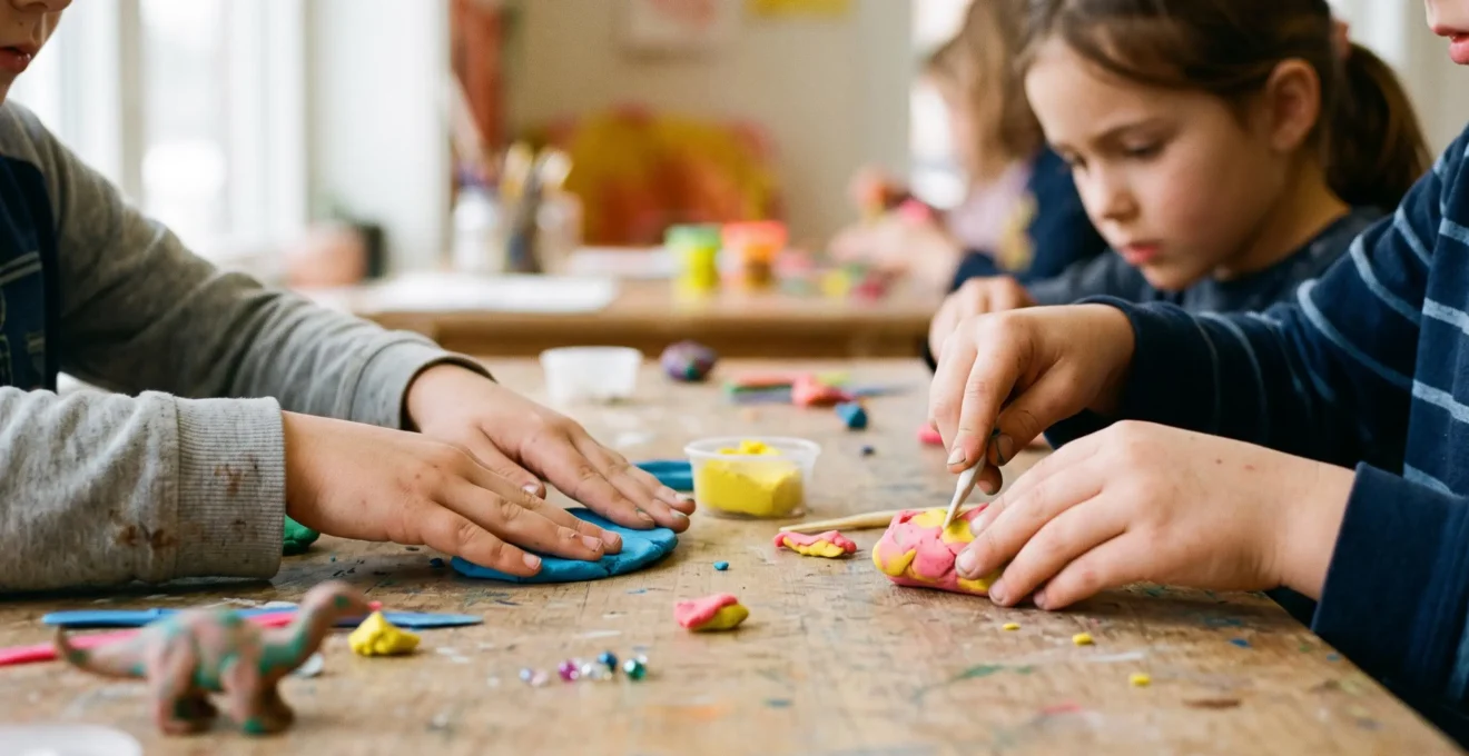 Gros plan sur les mains d'enfants manipulant de la pâte à modeler colorée lors d'un atelier créatif d'anniversaire.