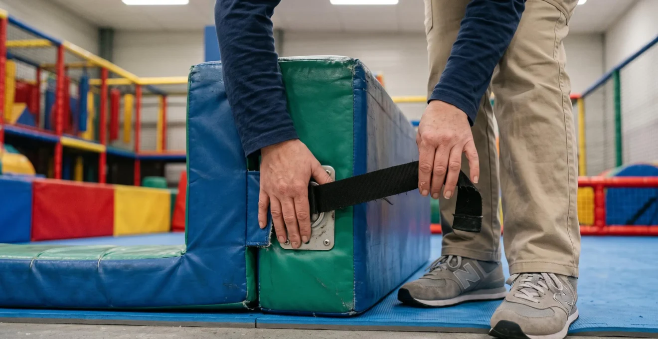 Les mains d'un employé vérifient la sangle de fixation d'un module de jeu rembourré dans un parc de jeux indoor.