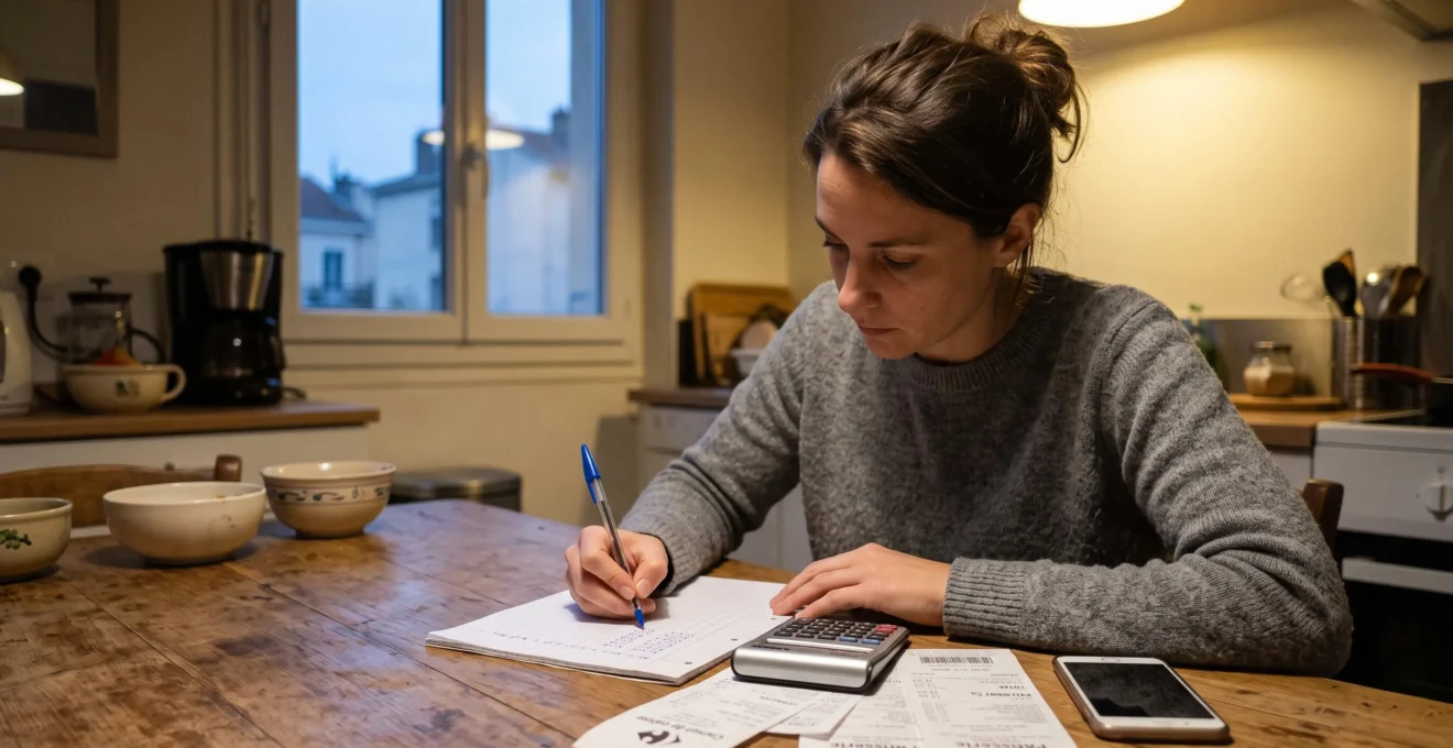 Une femme assise à une table de cuisine établit un budget écrit à la main, entourée de reçus, d'une calculatrice et d'un téléphone posé.