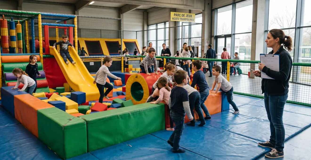 Un groupe d'enfants joue sur une structure gonflable et des modules en mousse dans un parc de jeux indoor, surveillé par une organisatrice munie d'un presse-papiers.
