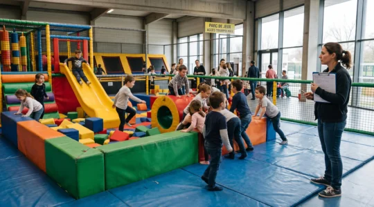 Un groupe d'enfants joue sur une structure gonflable et des modules en mousse dans un parc de jeux indoor, surveillé par une organisatrice munie d'un presse-papiers.